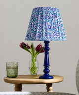 Boho Wooden Table Lamp with Blue Botanical Pleated Shade