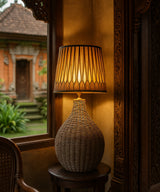 Woven Rattan Table / Floor Lamp with Smocked Cotton Shade - Zufolo Designs