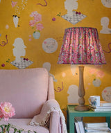 Handcrafted Wooden Table Lamp with Pink Floral Pleated Shade