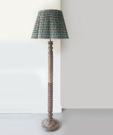 Vintage Spiral Wood Floor Lamp with Block Print Pleated Lampshade