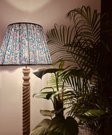 Handcrafted Wooden Floor Lamp with Blue Floral Pleated Shade