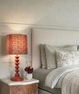 Orange Wooden Table Lamp with Printed schiffli Shade
