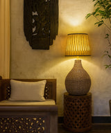Woven Rattan Table / Floor Lamp with Smocked Cotton Shade - Zufolo Designs