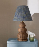 Handwoven Rattan Table Lamp with Pleated Blue Floral Shade