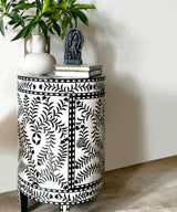 Black & White Vegan Inlay Round End Table with Storage - Zufolo Designs