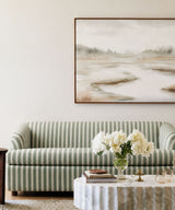 Sage Stripe English Roll Arm Three Seater Sofa upholstered in sage green and ivory striped fabric with classic curved arms and plush seating.