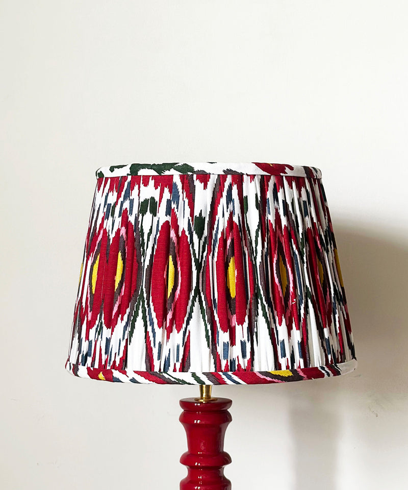Natural Wood Table Lamp with Red Ikat Pleated Shade