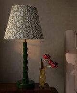 Green Wooden Table Lamp with Pleated Floral Cotton Shade