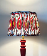 Natural Wood Table Lamp with Red Ikat Pleated Shade