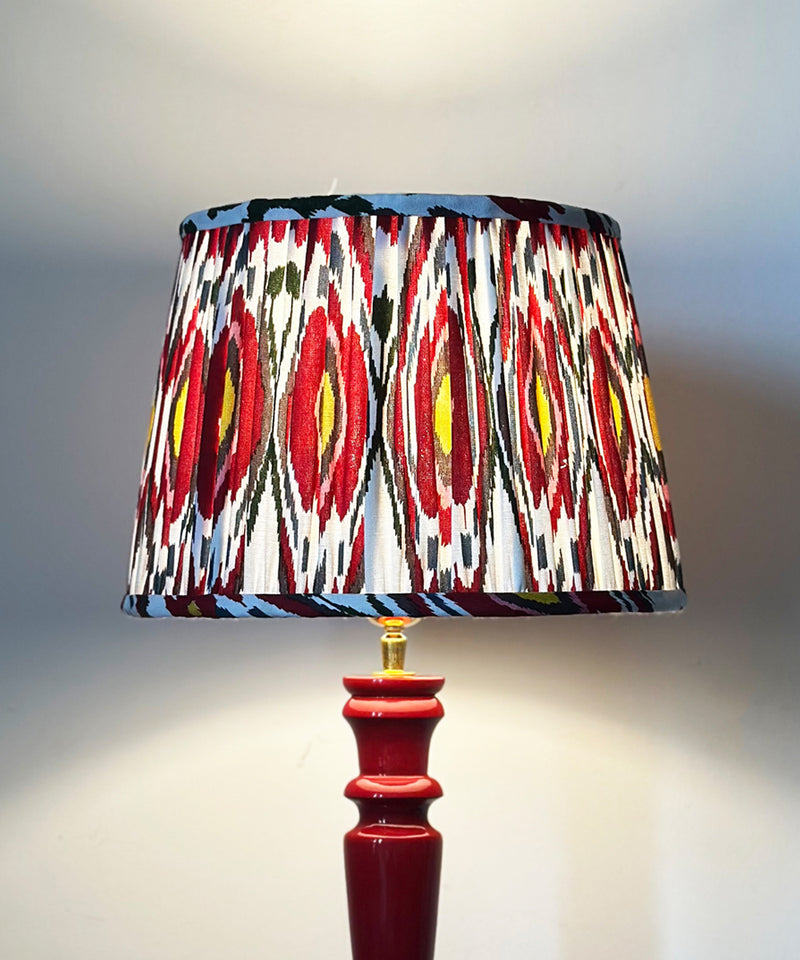 Natural Wood Table Lamp with Red Ikat Pleated Shade