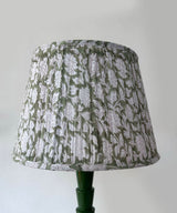Green Wooden Table Lamp with Pleated Floral Cotton Shade