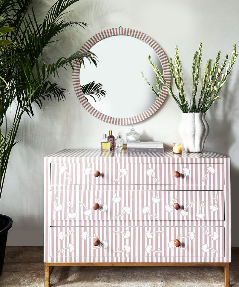 Blush Pink Floral Stripe Chest of Drawers in Vegan Inlay