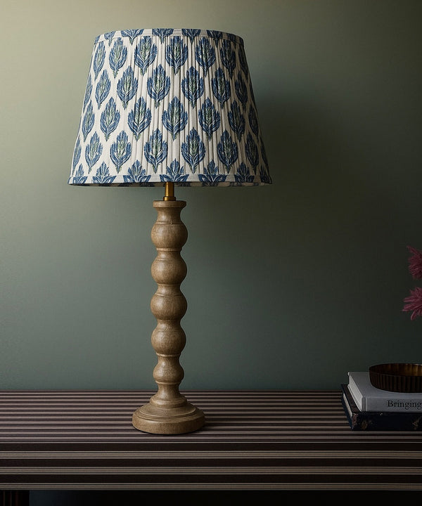 Natural Wood Table Lamp with Blue Leaf Block Print Pleated Shade
