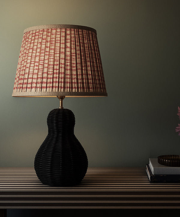 Black Wicker Table Lamp with Pleated Red Print Shade