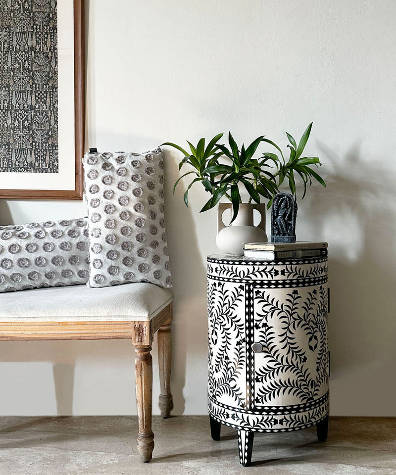 Black & White Vegan Inlay Round End Table with Storage - Zufolo Designs