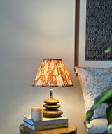 Stacked Wood Table Lamp with Orange Floral Pleated Shade