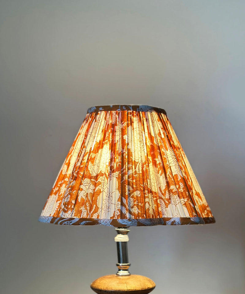 Stacked Wood Table Lamp with Orange Floral Pleated Shade