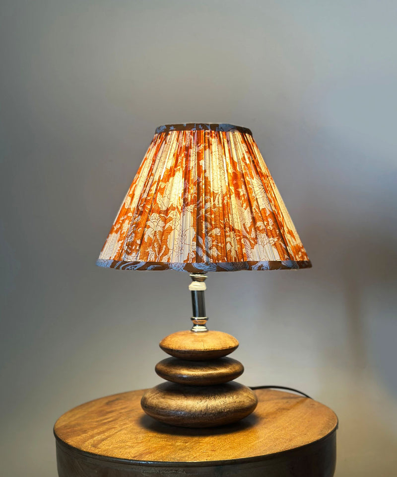 Stacked Wood Table Lamp with Orange Floral Pleated Shade