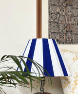 Striped Blue & White Table Lamp with Wooden Pebble Base