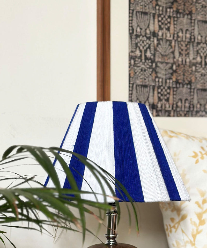 Striped Blue & White Table Lamp with Wooden Pebble Base