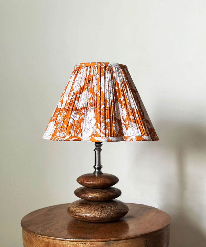 Stacked Wood Table Lamp with Orange Floral Pleated Shade