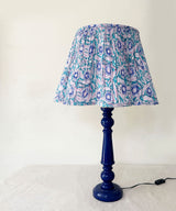 Boho Wooden Table Lamp with Blue Botanical Pleated Shade