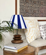 Striped Blue & White Table Lamp with Wooden Pebble Base