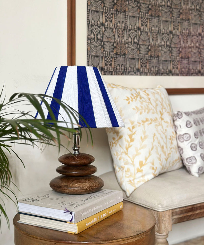 Striped Blue & White Table Lamp with Wooden Pebble Base