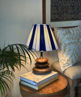Striped Blue & White Table Lamp with Wooden Pebble Base