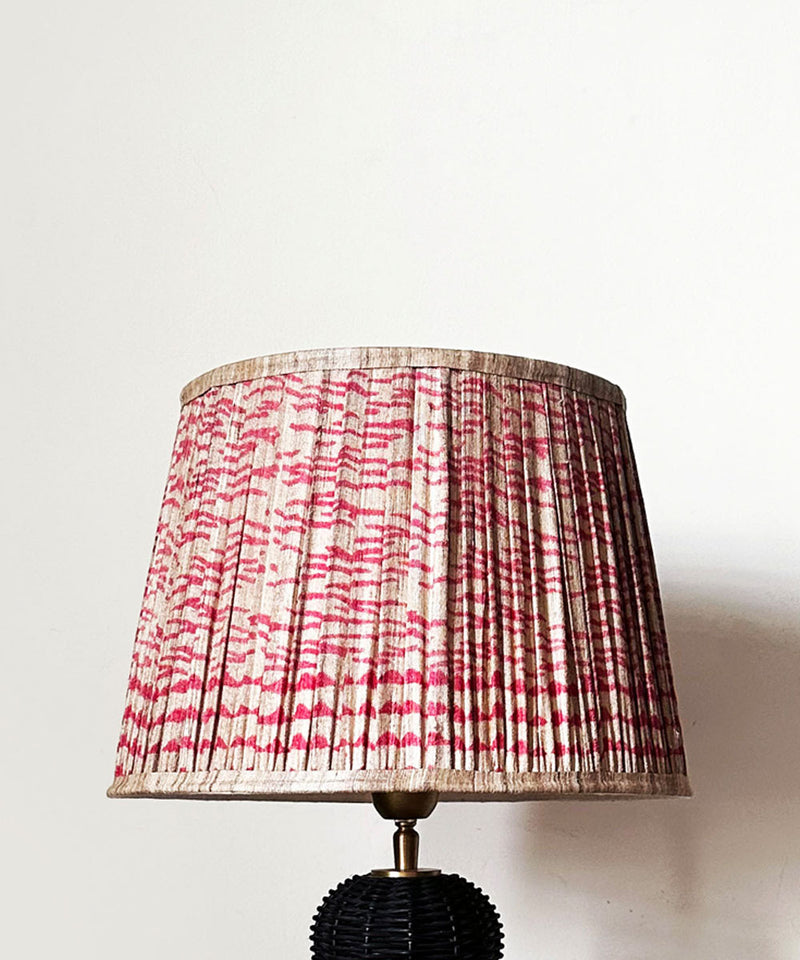 Black Wicker Table Lamp with Pleated Red Print Shade