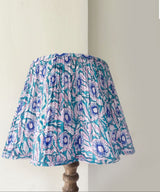 Boho Wooden Table Lamp with Blue Botanical Pleated Shade