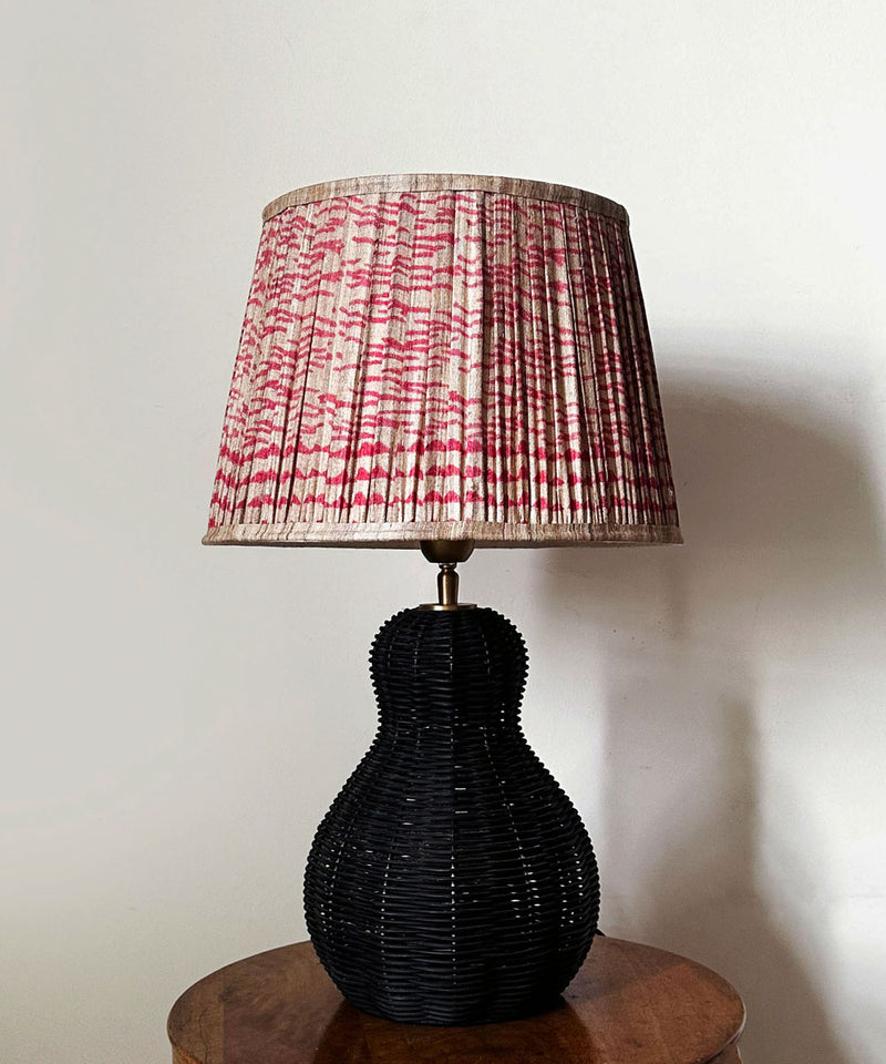 Black Wicker Table Lamp with Pleated Red Print Shade