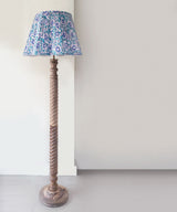 Handcrafted Wooden Floor Lamp with Blue Floral Pleated Shade