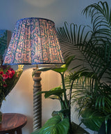 Handcrafted Wooden Floor Lamp with Blue Floral Pleated Shade