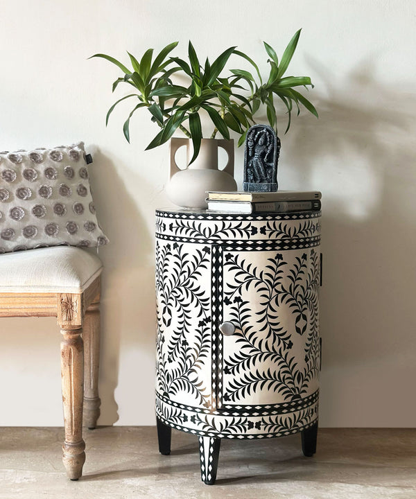 Black & White Vegan Inlay Round End Table with Storage - Zufolo Designs
