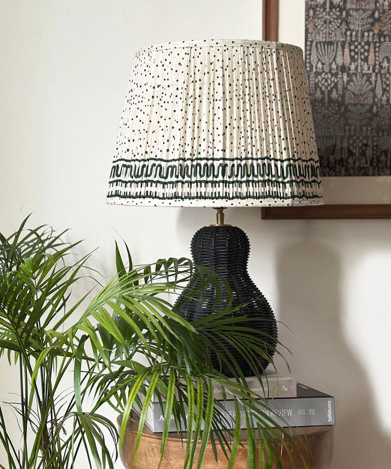 Black Wicker Gourd Table Lamp with Pleated Dot Print Shade
