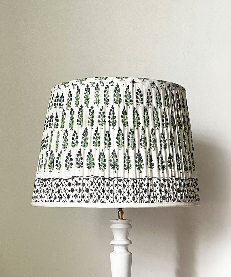 White Spindle Table Lamp with Green Floral Pleated Shade