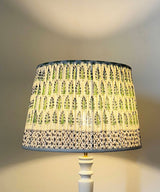 White Spindle Table Lamp with Green Floral Pleated Shade