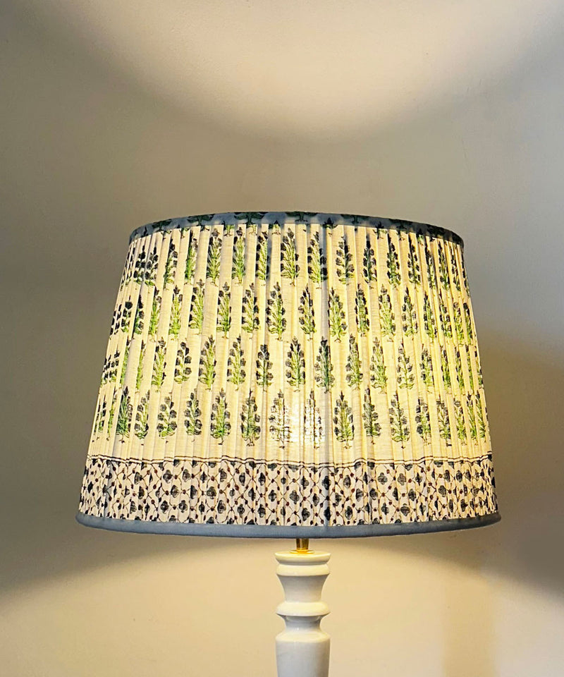 White Spindle Table Lamp with Green Floral Pleated Shade