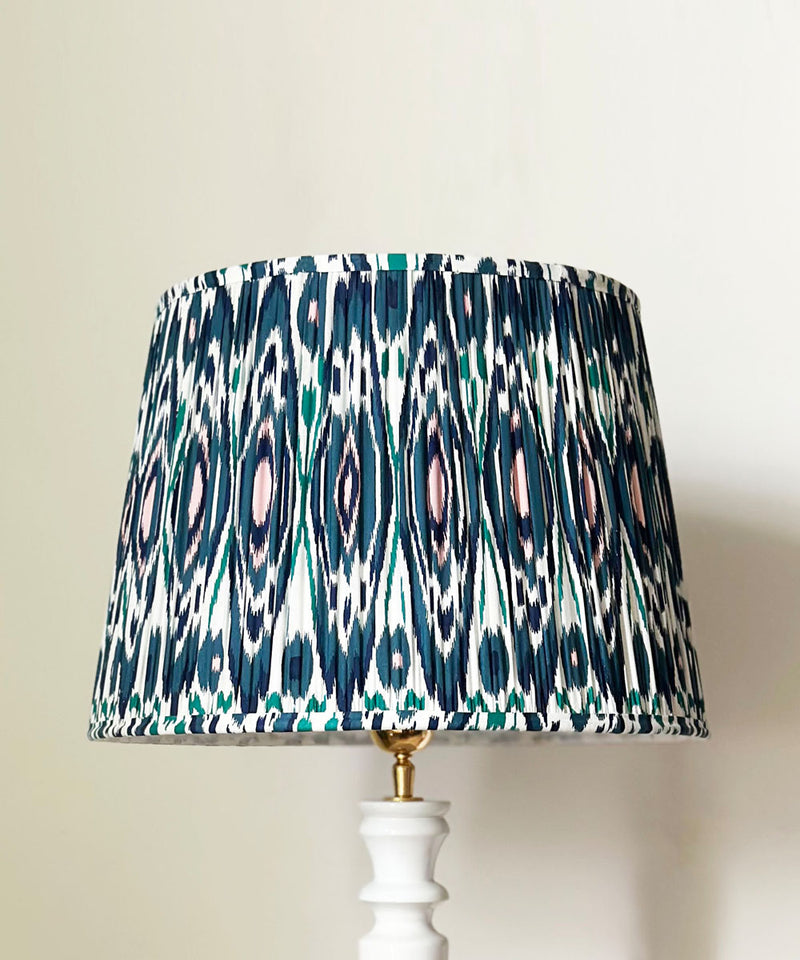 White Wooden Table Lamp with Ikat Pleated Shade
