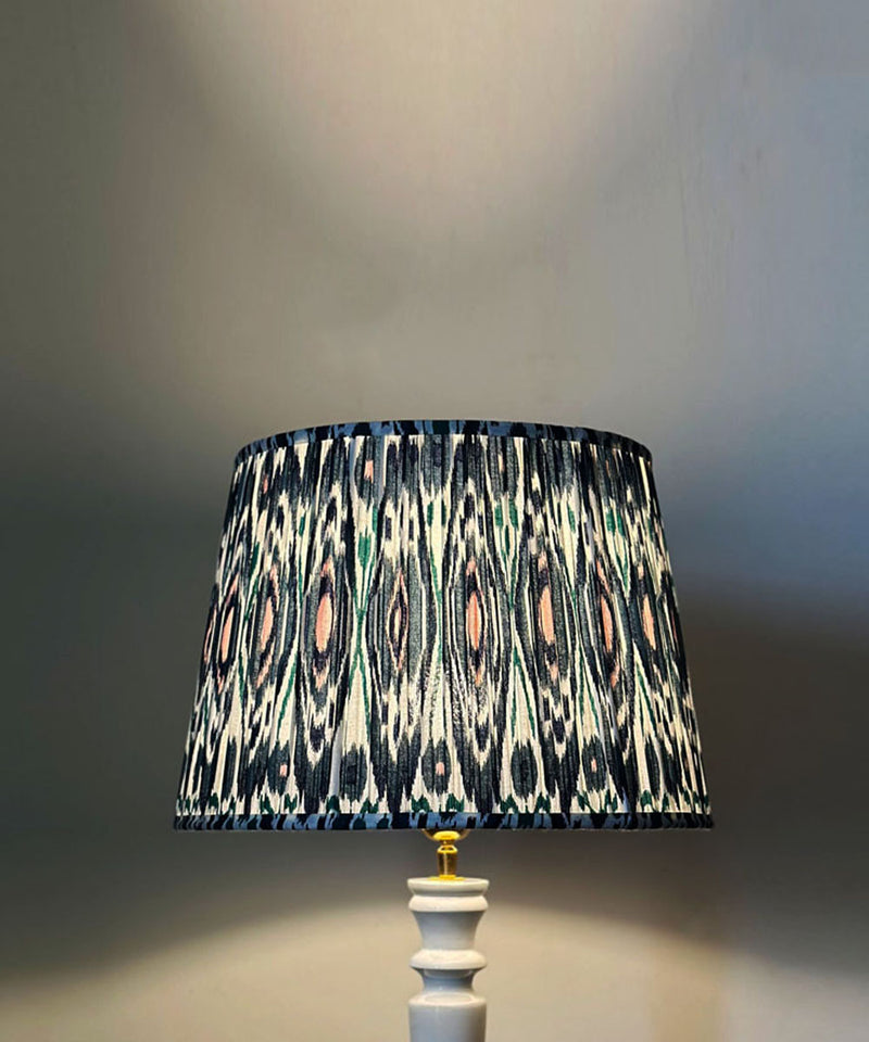 White Wooden Table Lamp with Ikat Pleated Shade