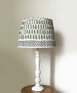 White Spindle Table Lamp with Green Floral Pleated Shade