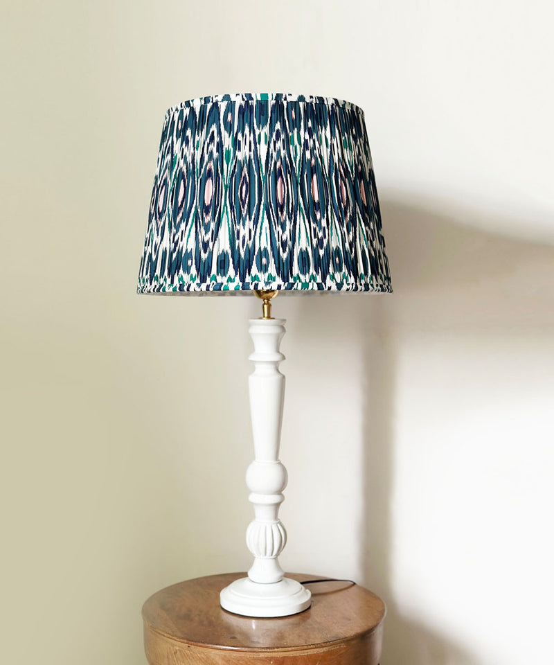 White Wooden Table Lamp with Ikat Pleated Shade