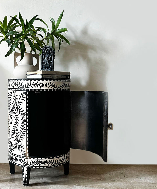 Black & White Vegan Inlay Round End Table with Storage - Zufolo Designs
