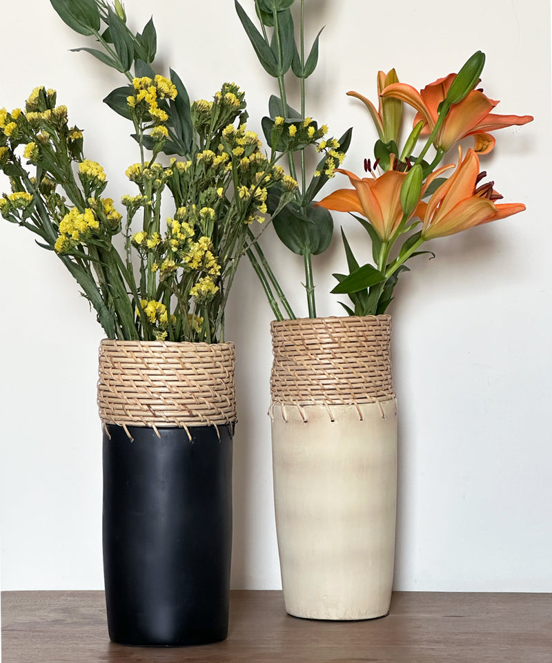 Coal Cylindrical Terracotta Cane Vase