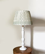 White Wooden Table Lamp with Green Floral Pleated Shade