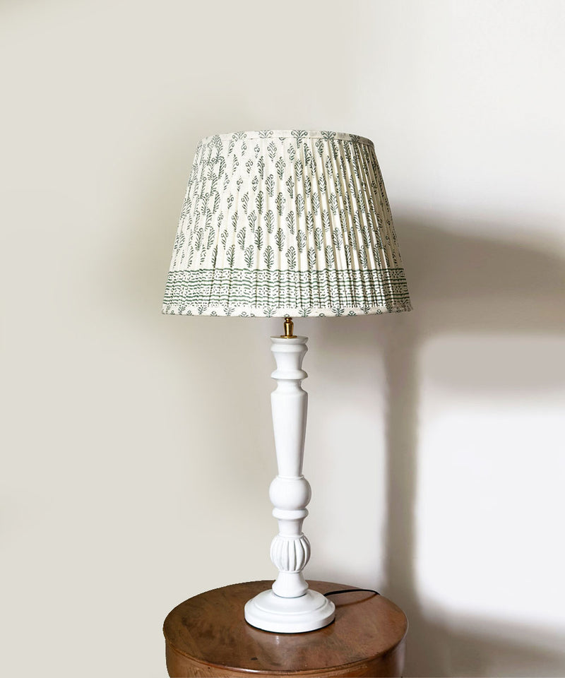 White Wooden Table Lamp with Green Floral Pleated Shade