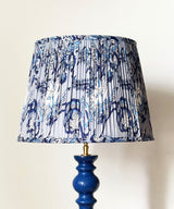 Blue Wooden Table Lamp with Pleated Indigo Floral Shade