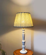White Wooden Table Lamp with Green Floral Pleated Shade