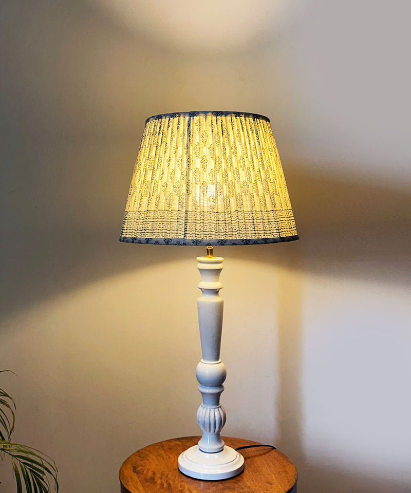 White Wooden Table Lamp with Green Floral Pleated Shade